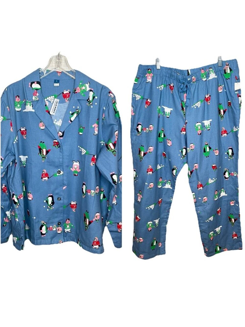 NWT Old Navy Christmas Penguin Pajama Set XL Blue Cutton Front 2 Piece Cotton